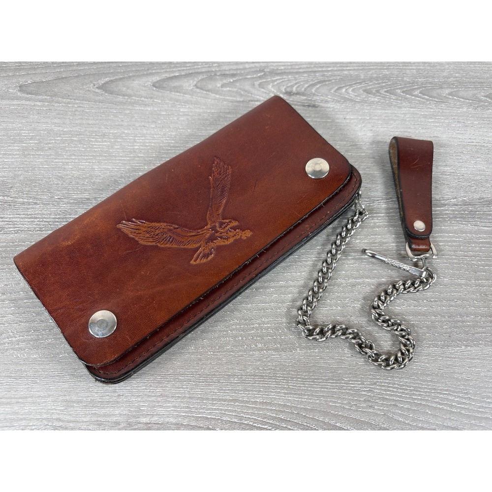Vintage Brown Leather Biker Trucker Wallet Embossed Eagle Snap Chain Long Bifold